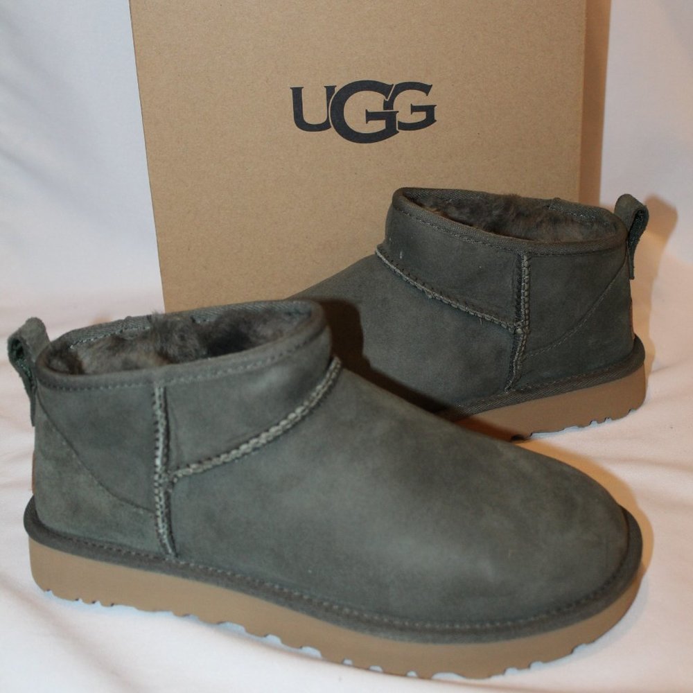NEW UGG WOMEN'S ULTRA MINI SUEDE SHEARLING LINED ANKLE BOOTS FOREST GREEN 6